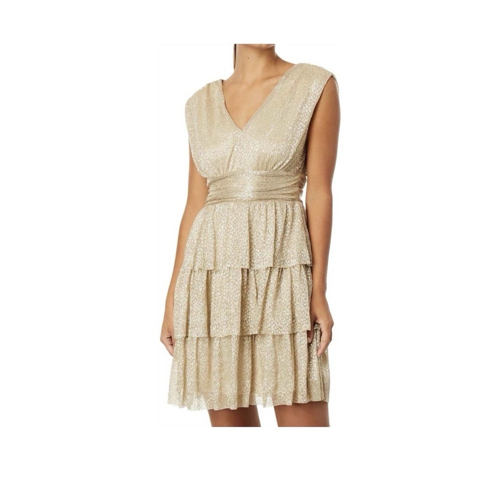 NWT Lilly Pulitzer Faye V-neck Ruffle Dress Gold Metallic Size Large MSRP $198